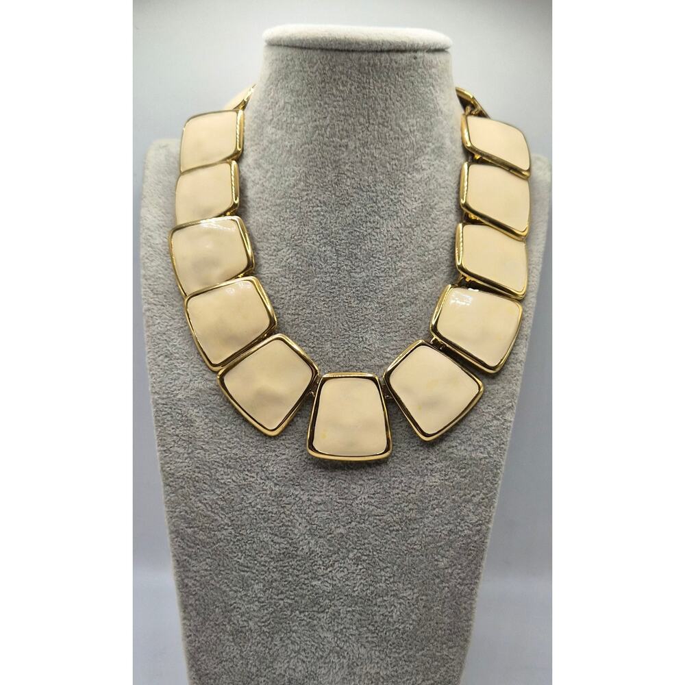 Vintage Monet Cream Enamel Statement Collar Necklace Gold Tone